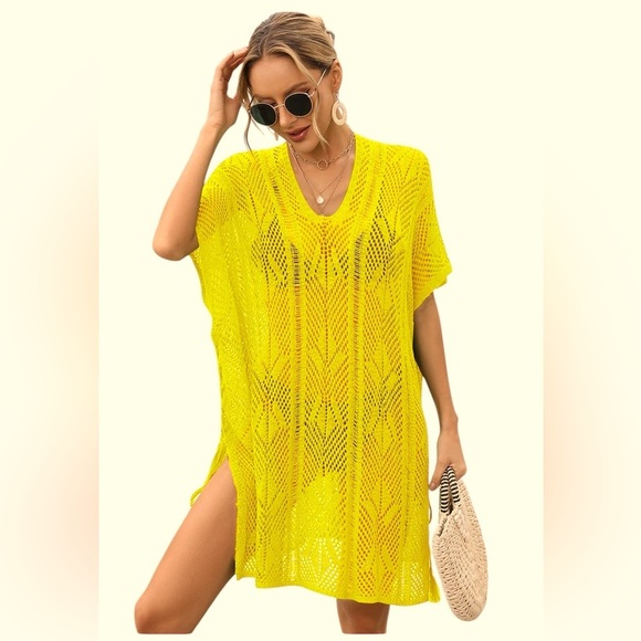 Yellow Open Crochet Knit Beach Cover-Up with Fringe Side Tassels OSFM - Picture 1 of 10